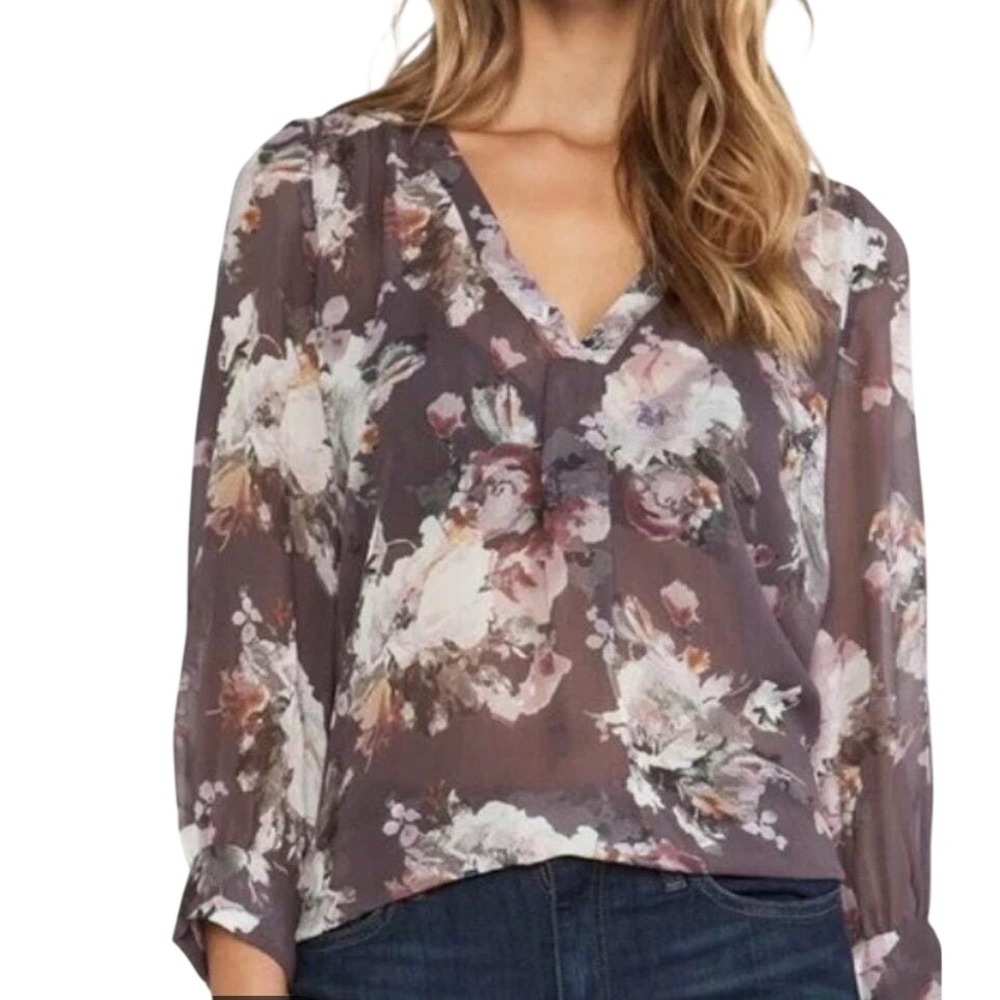 JOIE 100% Silk Purple Floral V-Neck Button Blouse Cottage Garden Botanical Top S
